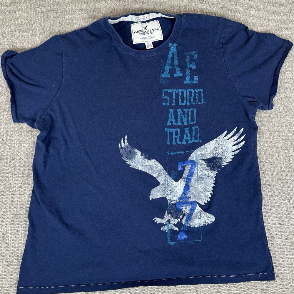 Y2K American Eagle Mens Shirt Blue Large Single Stitch Preppy Classic Fit Tshirt